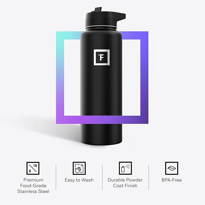 IRON °FLASK Camping & Hiking Hydration Flask with Straw, Wide Mouth Insulated Stainless Steel Sports Water Bottle - Dark Rainbow 40 oz - Straw (1 Lid)