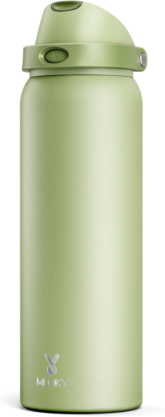 40 oz Insulated Water Bottle with Straw: Meoky Stainless Steel Metal Water Bottle with 2-in-1 Lid - Leak Proof, Cold for 24 Hours, Protective Silicone Base, BPA-Free for Sports Gym, Sage