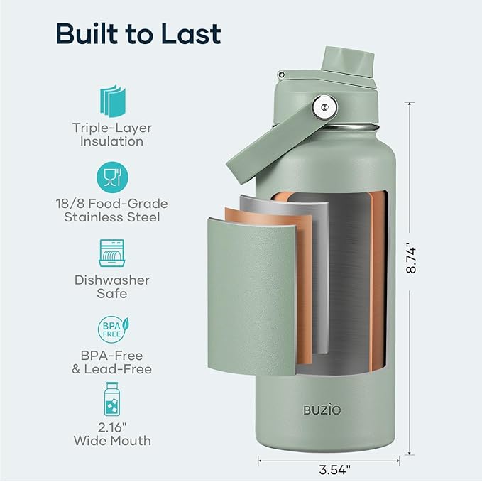 BUZIO 32 oz Water Bottle Insulated, Leakproof Stainless Steel Flask (Cold for 48 Hrs), Wide Mouth BPA-Free Metal Thermo Hydro Canteen with 2 Lids, Sage Green