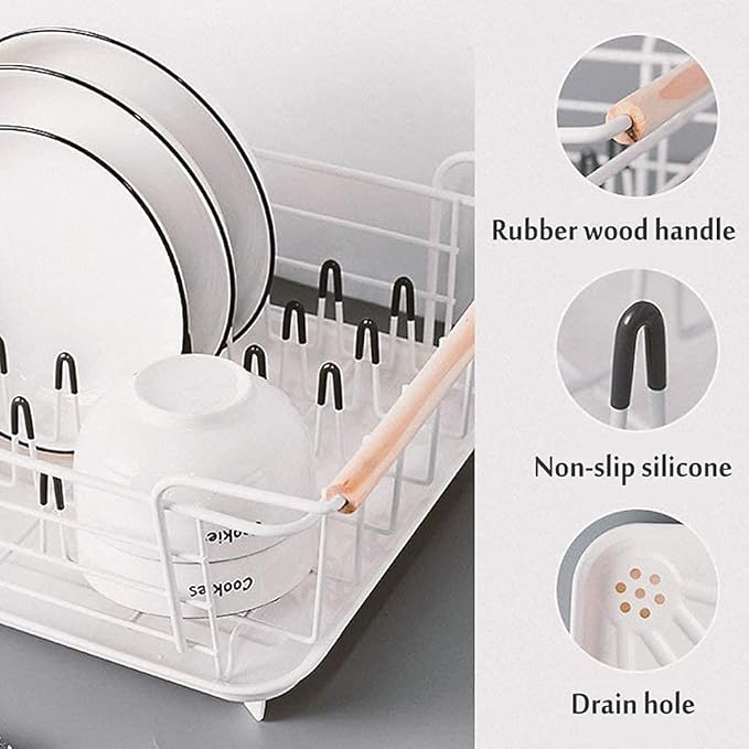 Anti Rust Dish Drainer Rack Small Drainer with Removable Drain Board and Swivel Spout Utensil Holder for Kitchen Counter and Sink Wood Handle Cutlery Basket Drain Shelf