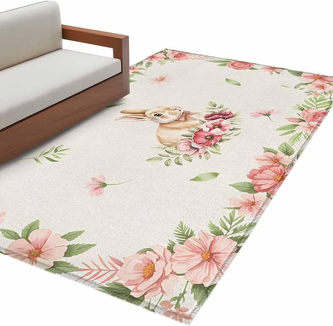 Area Rug 3x5ft, Retro Easter Rabbit on Linen Washable Rugs for Living Room Bedroom, Spring Pastoral Pink Flower Leaf Soft Non-Slip Area Rugs Rectangle Floor Carpet for Dining Room