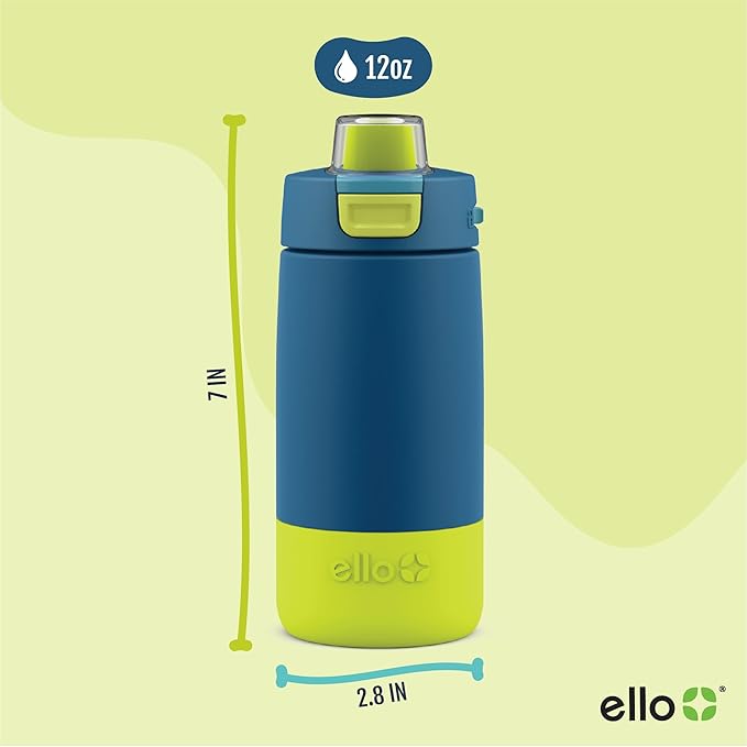 Ello Kids Colby 12oz Stainless Steel Insulated Water Bottle with Straw and Built-In Silicone Coaster Carrying Handle and Leak-Proof Locking Lid for School Backpack, Lunchbox, and Outdoor Sports