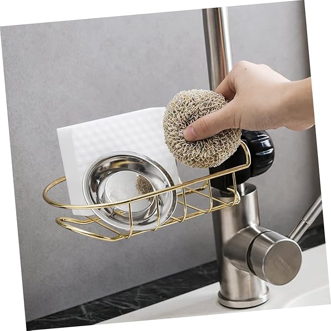 Hemobllo 1Pc Adjustable Sponge Holder for Kitchen Sink Draining Rack Clip Storage Organizer for Dishcloths Easy to Use Removable Fixture Golden Finish