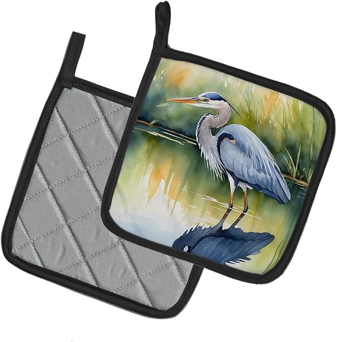 Caroline's Treasures Blue Heron Stalking Prey Pair of Pot Holders Kitchen Heat Resistant Pot Holders Sets Oven Hot Pads for Cooking Baking BBQ, 7 1/2 x 7 1/2