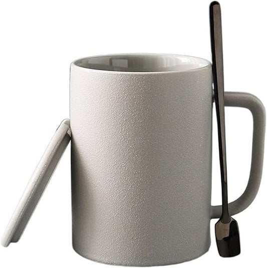 Latte Mug 350ML/440ML European Frosted Ceramic Mug with Lid Spoon Coarse Pottery Retro Breakfast Oatmeal Cup for Any Kitchen (Color : 1) (D)