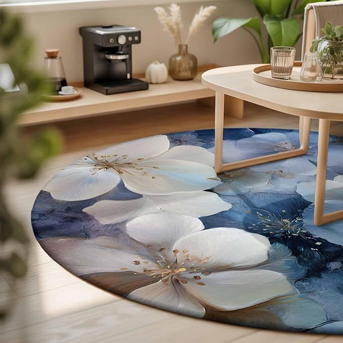 Washable Round Area Rug Watercolor White Navy Blue Floral Foliage Circle Rugs Floor Carpet for Living Room Bedroom, Abstract Flower Soft Non Slip Round Rug 3ft