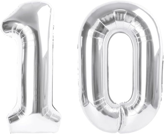 Number Balloons 40 Inch, Big 10 Balloon, Silver Number 10 Balloon for 10th 100 Frozen Birthday Wedding Anniversaries Game Competition Party Balloons Decorations