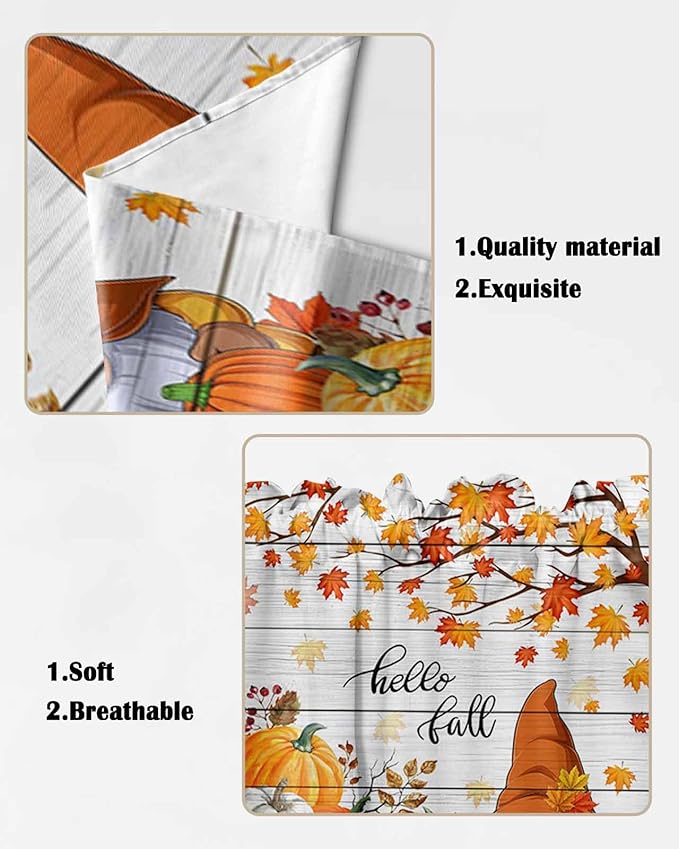 Orange Pumpkins Gnome Maple Leaves Hello Fall Swag Valance Curtains Autumn Thanksgiving Vintage Wood Grain Rod Pocket Kitchen Curtains, Scalloped Window Treatment Valances, 1 Pair, 36" W x 45" L