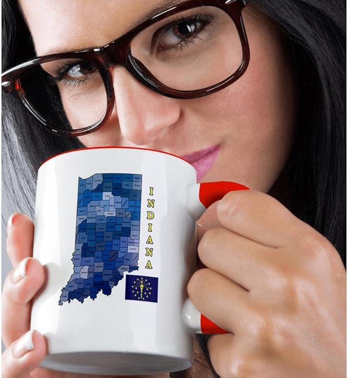 3dRose Flag and county map the state of Indiana. Counties labeled, colored 11oz Two-Tone Red Mug