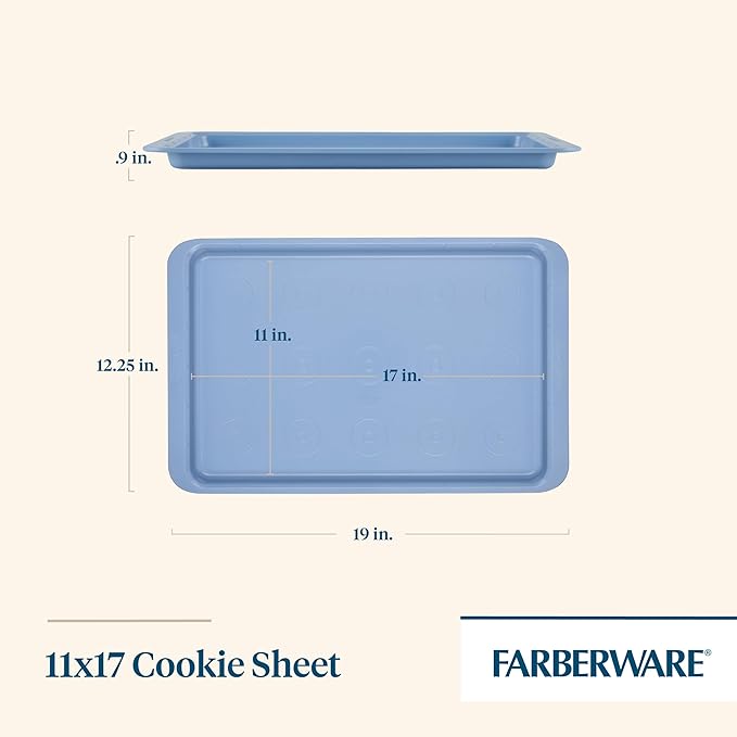 Farberware Easy Solutions Nonstick Bakeware Cookie Pan/Baking Sheet with Drop Zones and Portion Marks, 11 Inch x 17 Inch - Blue