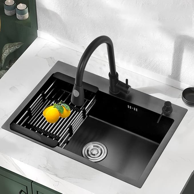Single Bowl Black Stainless Steel Sink Multi-Size Single Bowl Sink Home Restaurant Washbasin Kitchen Dishwashing Sink Countertop Built-in Sink (Black 72X45cm)