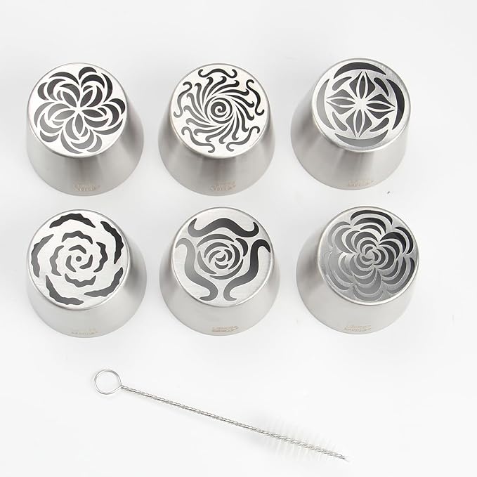 Extra Large Russian Piping Tip Set - 6 Stainless Steel Marshmallow Buttercream Framing Nozzles for 3D Roses Tulip Cake Decorations and Marshmallow Bouquets, Includes 1 Cleaning Brush(6F)