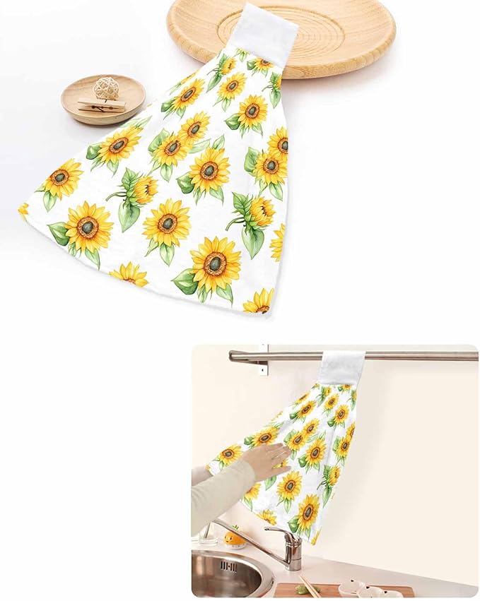 Alandar Home Kitchen Tie Towel Set of 1, Yellow Sunflower Farm Green Plant Absorbent Soft Hand Towels for Bathroom Hanging Towels, Summer Blossom Floral Fast Drying Cleaning Cloth with Loop