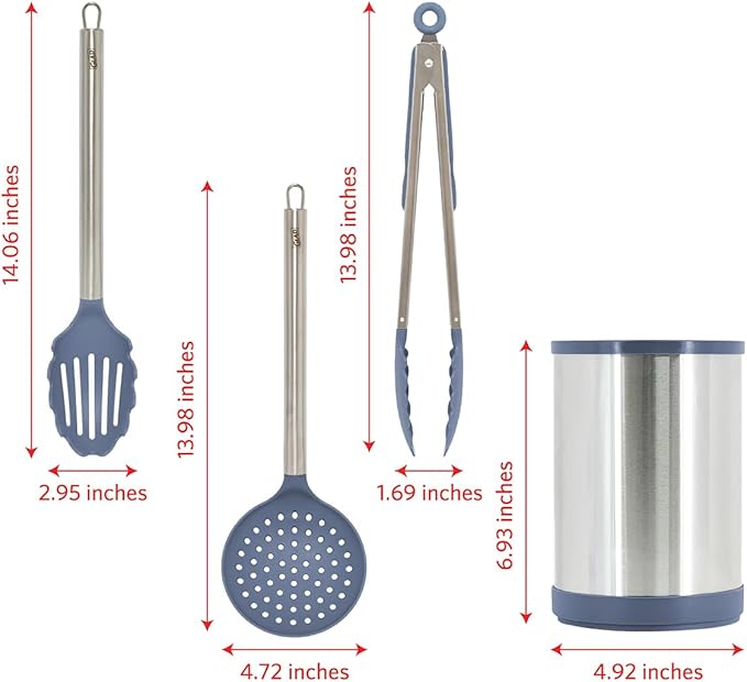 Glad Kitchen Utensils Set, 8pcs - Nonstick Cooking Tools with Stainless Steel Handles & Rotating Utensil Holder - Turners, Ladle, Spoon, Tongs, Spaghetti Server, and Skimmer - Dishwasher Safe, Blue