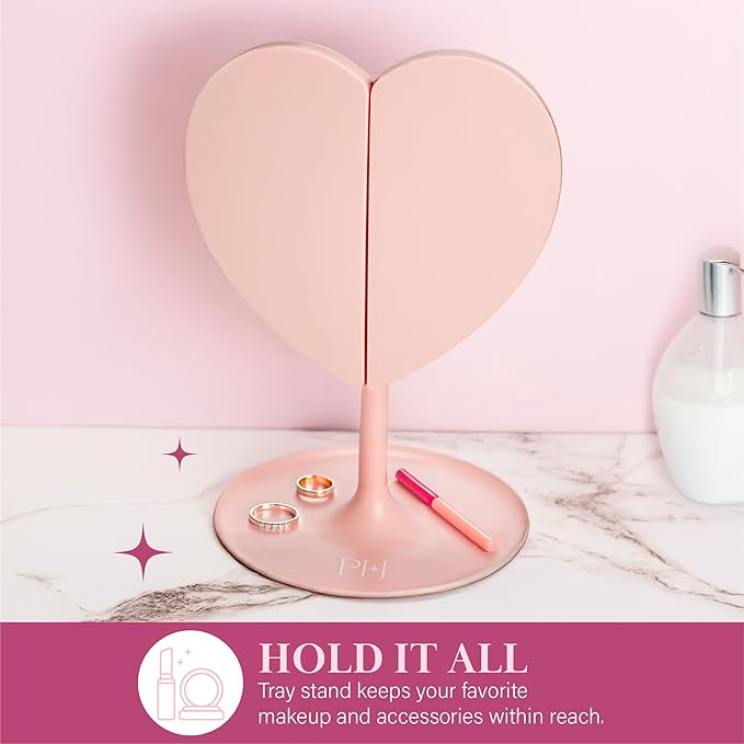 Paris Hilton Heart Makeup Vanity Mirror, LED Light with Touch Control, 180° Rotation, Tri-Fold Design, Tray Stand for Accessories, Pink