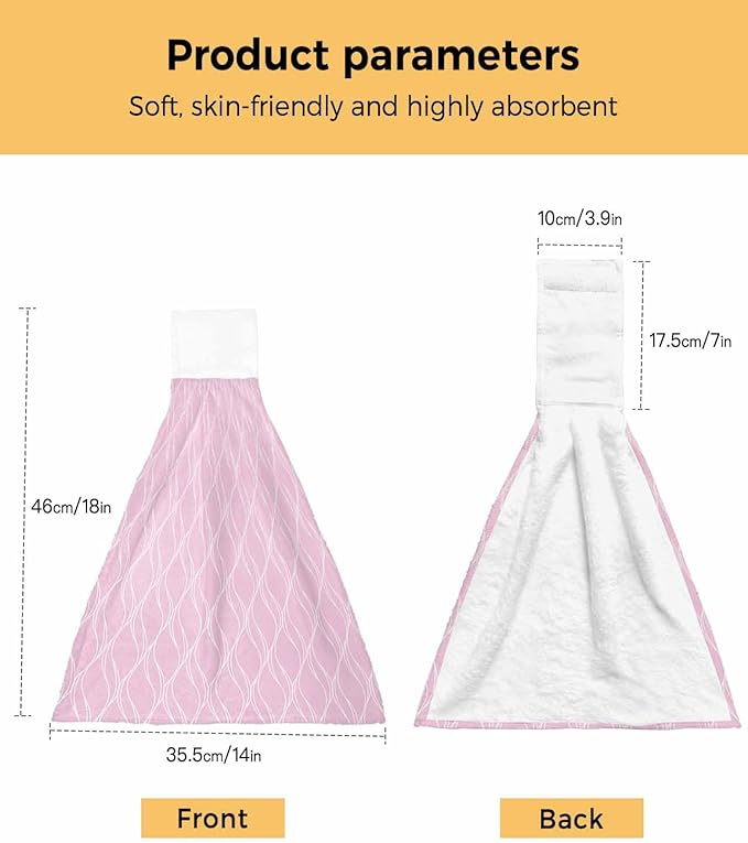 Alandar Home Kitchen Tie Towel Set of 2, Abstract Long Waves on Pink Absorbent Soft Hand Towels for Bathroom Hanging Towels, Modern Geometric Art Fast Drying Cleaning Cloth with Loop