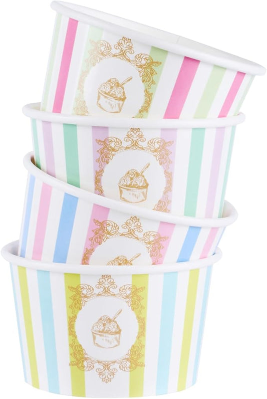 Restaurantware Paper Cups 200 Count 8 Ounce Square Disposable Ice Cream Containers, Leak-Resistant Paper Dessert To Go Cups, Hot And Cold Food, Durable Assorted Stripe Design