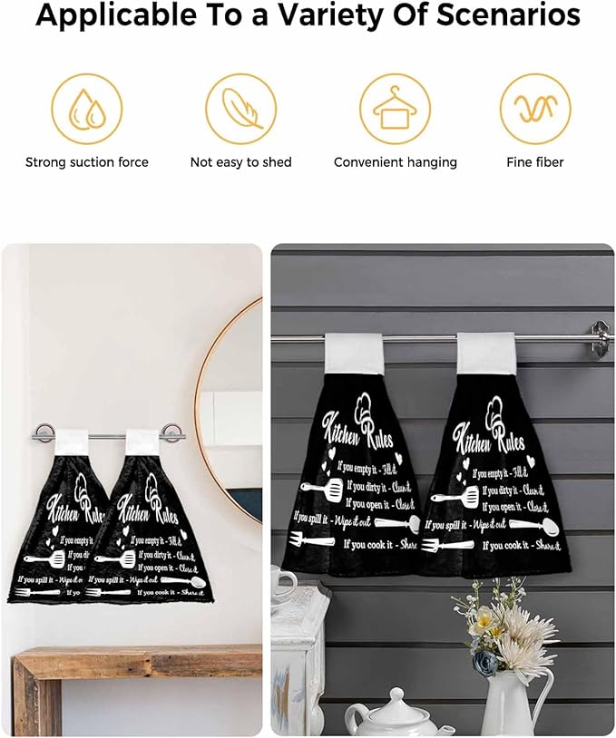 Alandar Home Kitchen Tie Towel Set of 2, Kitchen Rules Black and White Absorbent Soft Hand Towels for Bathroom Hanging Towels, Kitchens Utensils Appliances Fast Drying Cleaning Cloth with Loop
