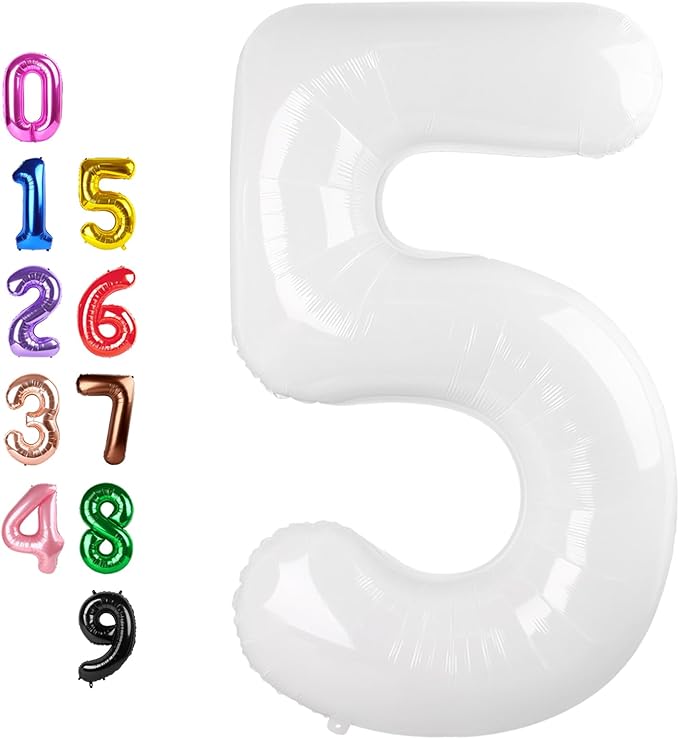 5 Balloons Number, White Balloon Numbers for Girls Boys 40 Inch Happy Birthday Decorations for 5 15 25 2025 Graduation Wedding Anniversaries