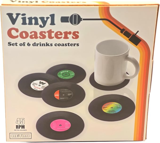 6-Coaster Set Retro Vinyl Coasters, Non-Slip & Heat-Resistant Cup Mats for Cold & Hot Drinks, Fits All Cup Types, Ideal Gift for Music Lovers & Retro Decor Fans (4.1 Inches)