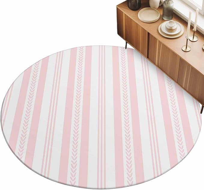 Washable Round Area Rug Abstract Leaf Geometric Line Circle Rugs Floor Carpet for Living Room Bedroom, Modern Pink Stripe Theme Soft Non Slip Round Rug 3ft