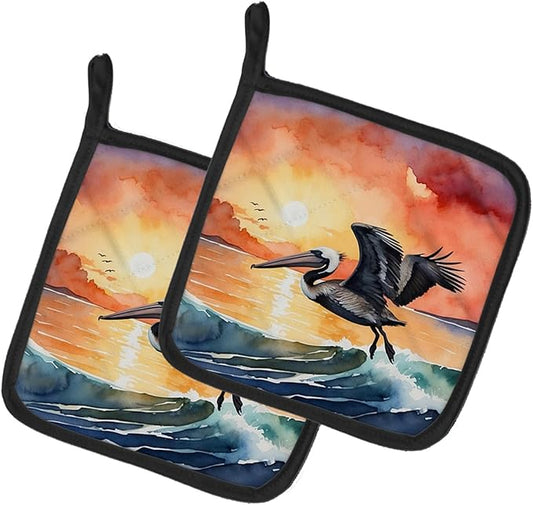 Caroline's Treasures Pelican Fiery Sunset Pair of Pot Holders Kitchen Heat Resistant Pot Holders Sets Oven Hot Pads for Cooking Baking BBQ, 7 1/2 x 7 1/2