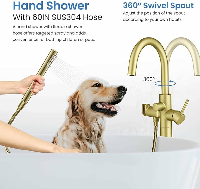 KIBI Circular Floor Mount Bathtub Faucet with Hand Shower | Single Handle Freestanding Tub Filler | Modern Bath Faucet for Tub and Shower | Brushed Gold Finish, KTF301