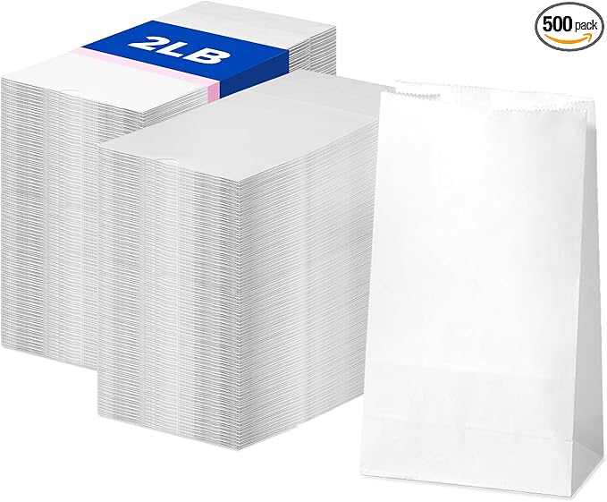 Fit Meal Prep 500 Pack 2 lb White Paper Lunch Bags, 7.88 x 4.13 x 2.5 Premium White Paper Bags Bulk for Small Business, Recyclable Snack Sacks, Durable Small Grocery Bag for Food Storage