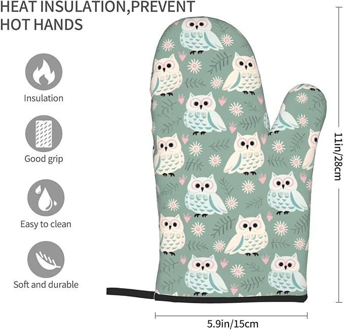 Owl Oven Mitts of 2 Pack, Funny Kitchen Gloves Heat Resistant Non-Slip Kitchen Mitts for Cooking Baking Grilling