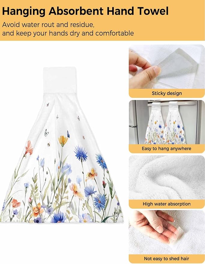 Alandar Home Kitchen Tie Towel Set of 2, Pastoral Blue Floral Butterfly on White Absorbent Soft Hand Towels for Bathroom Hanging Towels, Watercolor Flowers Fast Drying Cleaning Cloth with Loop