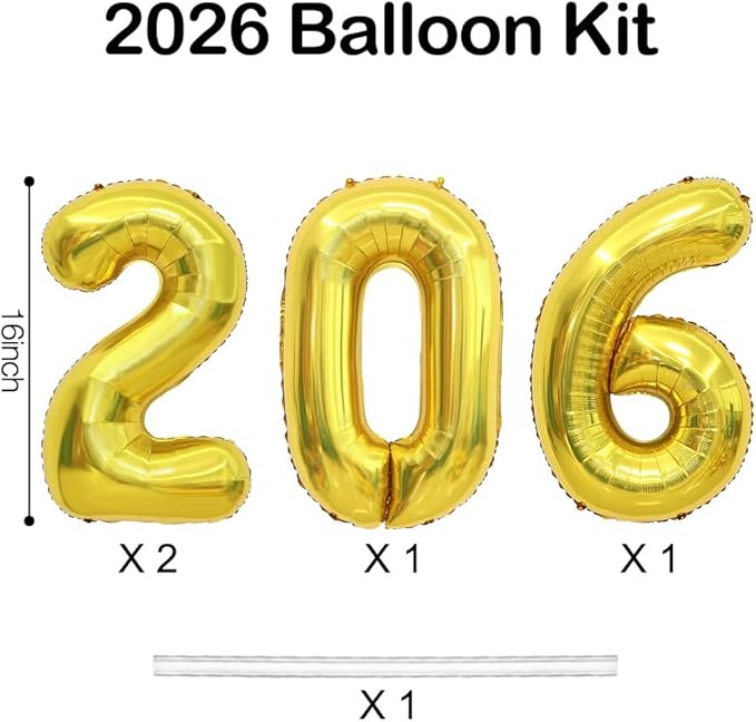 2026 Balloons, 2026 Number Balloons, 2026 Gold Balloon, Foil Graduation Balloon for 2026 Graduation Decorations Class of 2026 New Year Anniversary Birthday Home Office Party Supplies Decor, 16 Inch