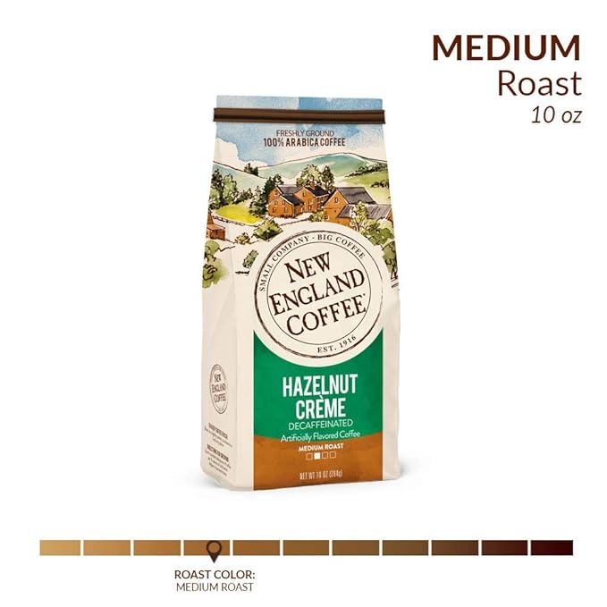 New England Coffee Hazelnut Creme Decaffeinated Medium Roast Ground Coffee, 10oz Bag (Pack of 3)