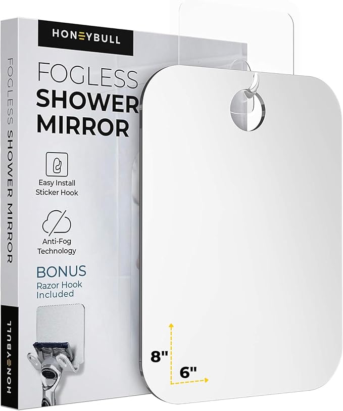 HONEYBULL Fogless Shower Mirror for Shaving – Anti-Fog Acrylic Mirror with Razor Holder, No-Drill Wall Mount, Flat Design for Steam Showers, Medium 6x8in