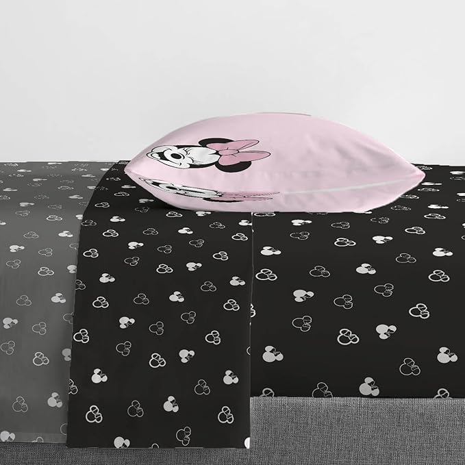 Jay Franco Kids Sheet Set with Fitted, Flat Sheets & Pillow Cover - Ultra-Soft Bedding with Pillowcase for Room Decor, Black - Minnie Mouse, 3 Piece Twin