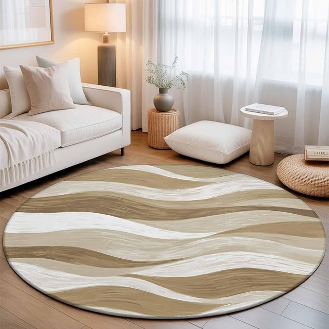 Washable Round Area Rug Modern Brown Ombre Ocean Wave Circle Rugs Floor Carpet for Living Room Bedroom, Abstract Gradient Stripe Soft Non Slip Round Rug 5ft