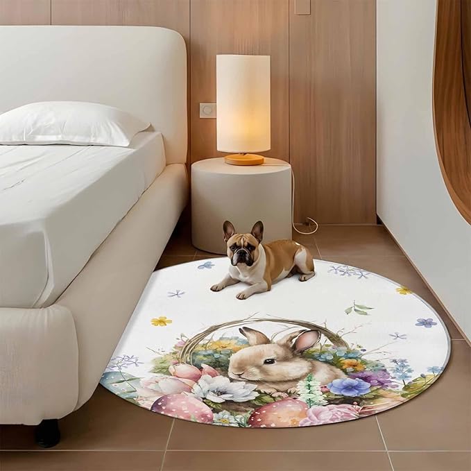 Washable Round Area Rug Easter Egg Spring Flower Cute Rabbit Circle Rugs Floor Carpet for Living Room Bedroom, Blossom Floral on White Soft Non Slip Round Rug 5ft