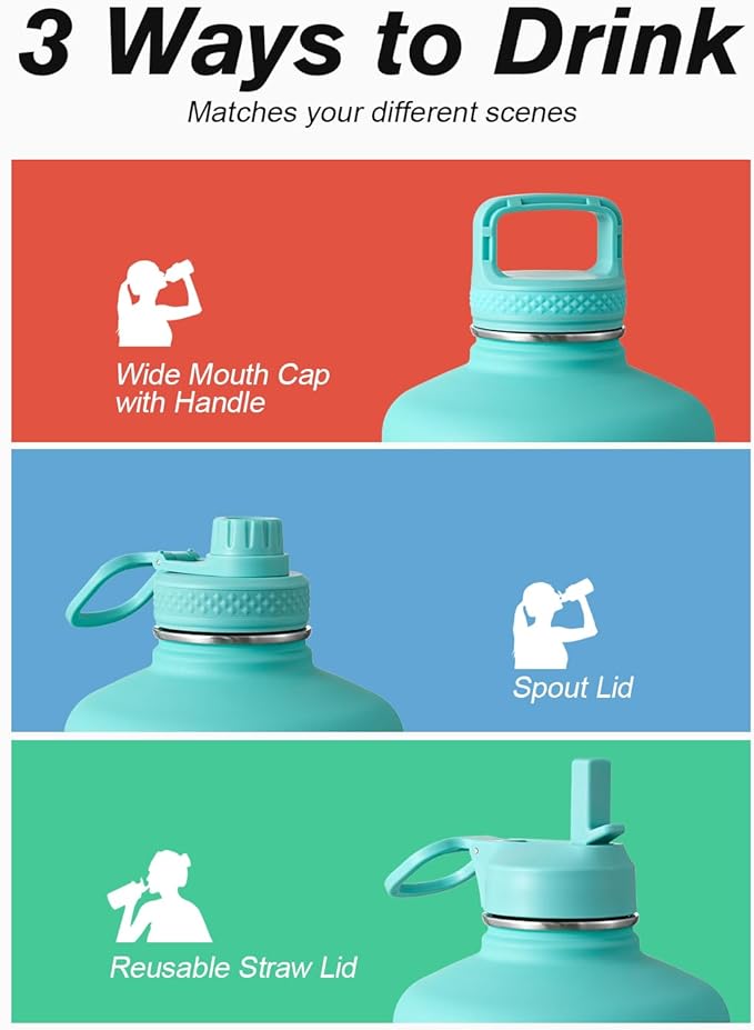 Coolflask 128 oz Gallon Water Bottle Insulated with Straw&3 Lids, Water Jug Large Stainless Steel Metal Vacuum Wide Mouth for Sports, Gym or Office, Non-BPA Keep Cold 48H Hot 24H, Pacific Prince