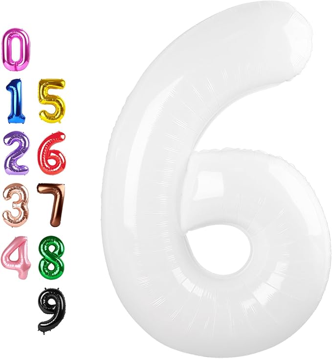 White Number Balloon Balloons Six, Happy Birthday Decoration for 6th, 40 Inch Six Number Balloons for 6, 16, 26, 60, 2026 Wedding Anniversaries Singles Party, 2026 New Years Eve Party