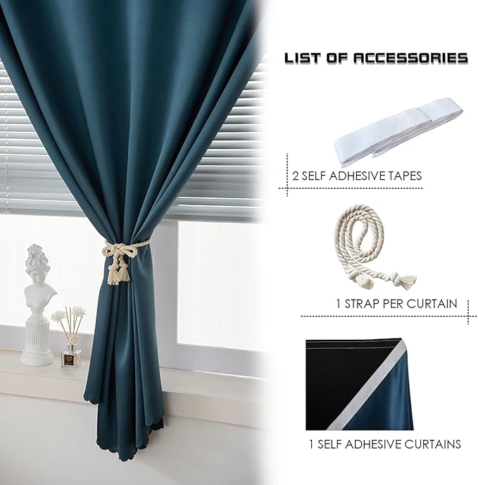 AJAZZ 100% Blackout Shades Window Cover Self Adhesive Curtains Sticky Curtain Portable Easy Open Blackout Curtains for Bedroom Living Room No Drilling (Navy Blue, 35" W x 71" L) 1 Panel