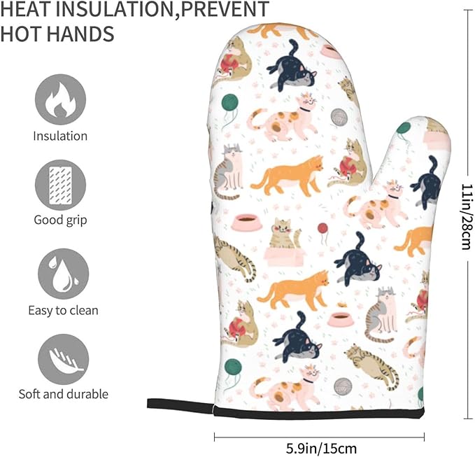Cute Cat Design Oven Mitts of 2-Pack Set, Funny Kitchen Gloves Heat Resistant Non-Slip Kitchen Mitts Safe Cooking Baking Grilling