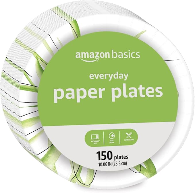 Amazon Basics Everyday Disposable Paper Plates, 10 Inch, Microwave-Safe, Cut Resistant, Soak-Proof, 150 Count