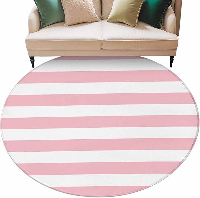 Washable Round Area Rug Pink White Stripe Circle Rugs Floor Carpet for Living Room Bedroom, Classic Geometric Line Soft Non Slip Round Rug 5ft