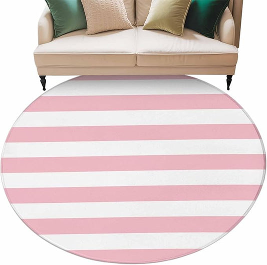 Washable Round Area Rug Pink White Stripe Circle Rugs Floor Carpet for Living Room Bedroom, Classic Geometric Line Soft Non Slip Round Rug 5ft