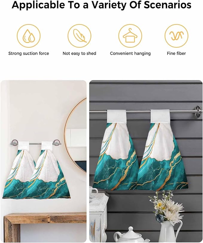 Alandar Home Kitchen Tie Towel Set of 2, White Marble Watercolor Gradient Absorbent Soft Hand Towels for Bathroom Hanging Towels, Gold Crack Abstract Art Fast Drying Cleaning Cloth with Loop