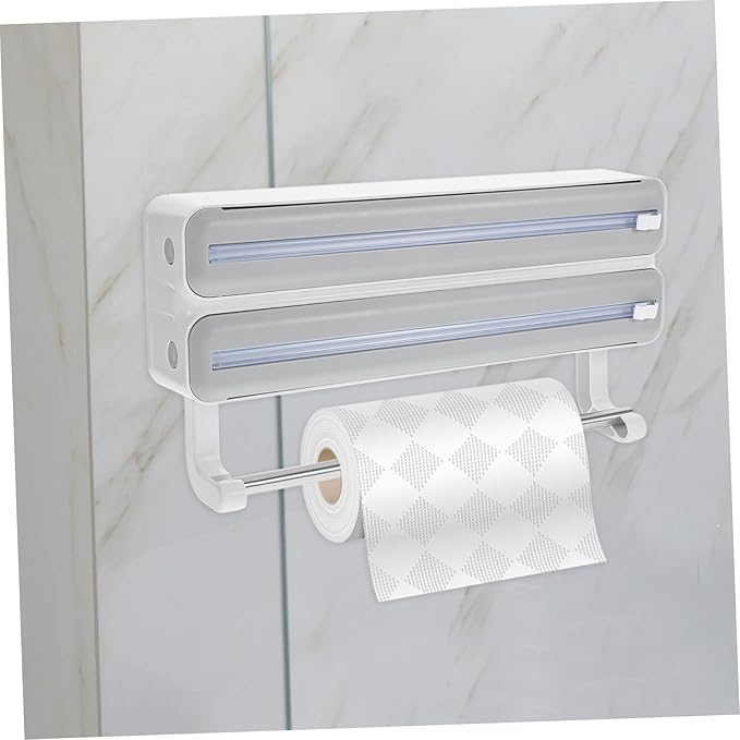 SHOWERORO Kitchen Wrap Dispenser with Cutter Dual-layer Foil and Cling Film Organizer for Effortless Cutting Material Grey Home and Professional Use