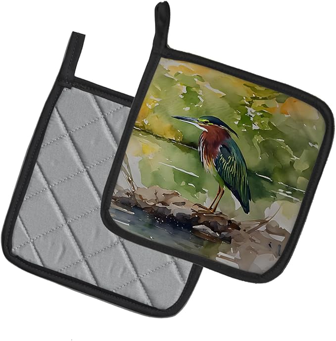 Caroline's Treasures Green Heron Pair of Pot Holders Kitchen Heat Resistant Pot Holders Sets Oven Hot Pads for Cooking Baking BBQ, 7 1/2 x 7 1/2