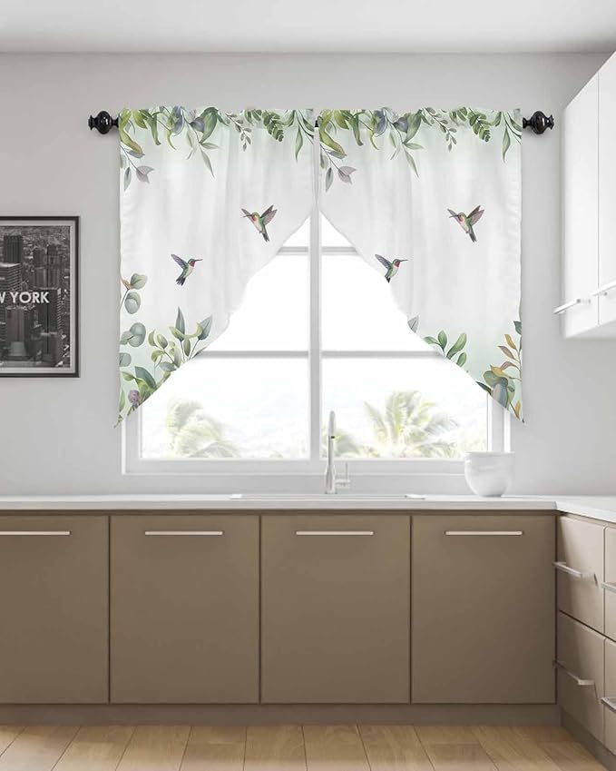 Leaf Swag Valance Curtains - Plants Leaves Green Hummingbird Watercolor Style Rod Pocket Kitchen Curtains Scalloped Window Treatment Valances Swag for Living Room, 1 Pair, 28" W x 36" L