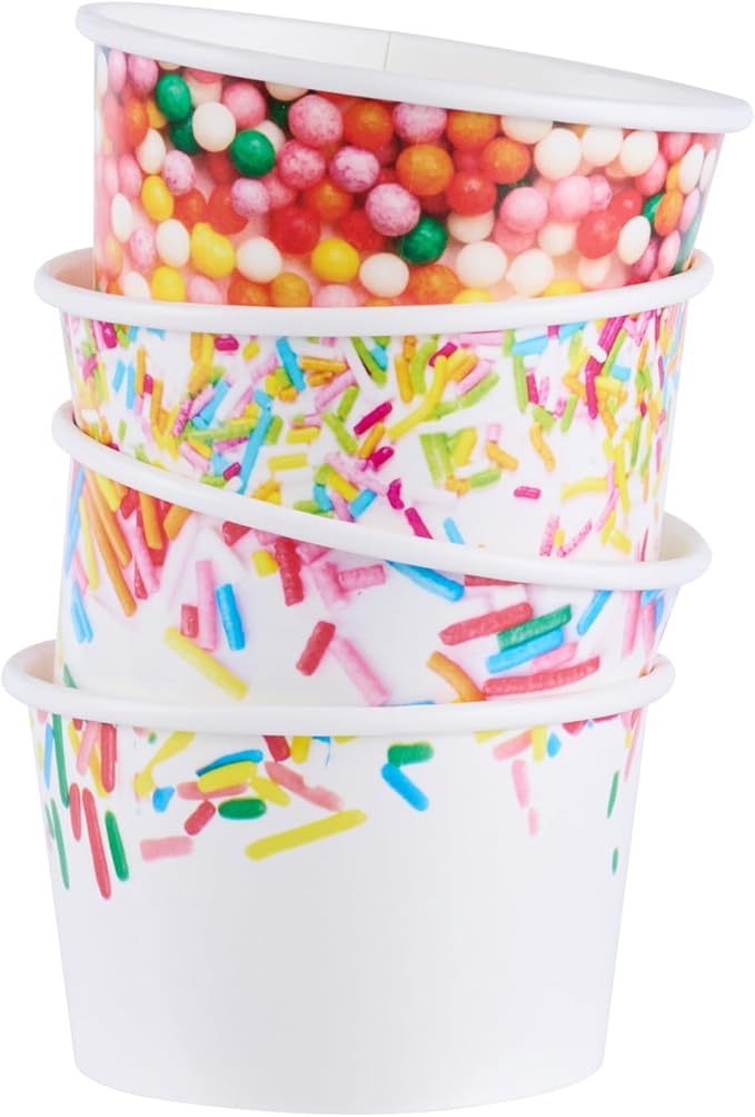 Restaurantware Paper Cups 200 Count 8 Ounce Square Disposable Ice Cream Containers, Leak-Resistant Paper Dessert To Go Cups, Hot And Cold Food, Durable Assorted Sprinkle Design