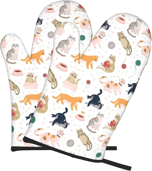 Cute Cat Design Oven Mitts of 2-Pack Set, Funny Kitchen Gloves Heat Resistant Non-Slip Kitchen Mitts Safe Cooking Baking Grilling