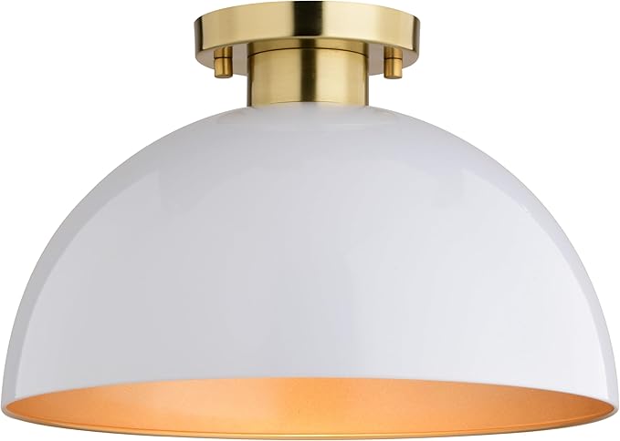 VAXCEL Devon 12.75-in W LED Compatible Glossy White and Gold Satin Brass Mid-Century Modern Semi Flush Mount Ceiling Light